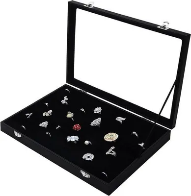 Immagine prodotto di Organizzatore per gioielli con 100 scomparti - in velluto - con coperchio - in vetro - organizer per gioielli e collane - nero - vetro trasparente - organizer per gioielli in vetro - in velluto - con 100 scomparti - con coperchio