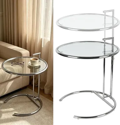 Produktbild von Runder Beistelltisch Glas, C-Förmiger Couchtisch Glas, Beistelltisch Edelstahl Rahmen, Höhenverstellbar bis 66-91 cm, Glastisch Wohnzimmer, Glasplatte 51 cm ?, für Schlafzimmer, Sofa, Silber