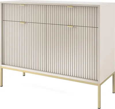 Produktbild von Kommode Kioto 104 cm Kaschmir Beige & Gold – Rillenfront, Goldene Griffe, 2 Türen, 2 Schubladen