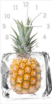Produktbild von Wallario Design Wanduhr Ananas in Eiswürfel - Eiskaltes Obst aus Echtglas, Größe 30 x 60 cm