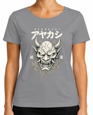 Obrázok produktu pre Tričko s potlačou "Ayakashi Oni Maske", motív japonského démona Hannya, štýl Y2K, pre dámy, sivé, veľkosť XXL