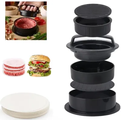 Produktbild von 3-in-1 Hamburgerpresse - mit 100 Blatt Burger Papier - Burgerpresse - 4 Patty Größen inkl - Für Fleisch, Rindfleisch und Gemüse