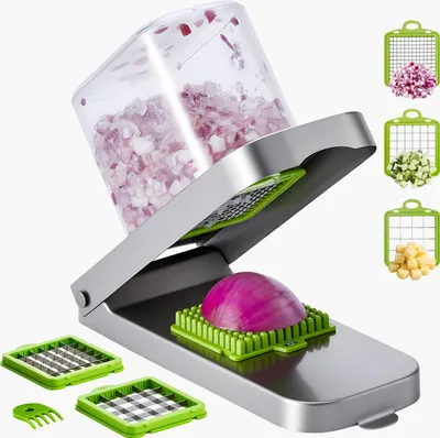 Immagine prodotto di VEVOR affettaverdure, affettatrice multipla con 3 lame in acciaio inox, affetta cipolle con contenitore, affetta patate per insalata, gadget da cucina ed elettrodomestici, strumenti per un facile fai da te, argento