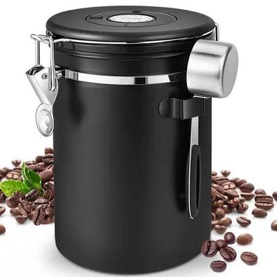 Produktbild von Unyqoos® Edelstahl-Kaffeebehälter 1,8 l für Kaffeebohnen – luftdicht mit Vakuumverschluss, CO2-Entlüftungsventil, Messlöffel & Datumsrad