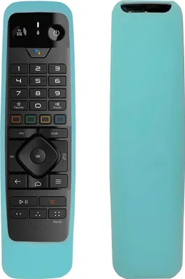 A turquoise silicone case for a remote control is shown next to the remote control itself.
