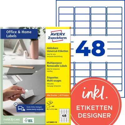Obrázek produktu pro Avery L4736REV-10, Bílá, Laserová/inkoustová tiskárna, 45.7 x 21.2 mm, 480 kusů, 10 listy