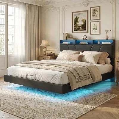 Obrázek produktu pro Postel s čalouněnou konstrukcí, rozměry 160 x 200 cm, dvoulůžko s úložným prostorem a rošt, čelo postele s úložným prostorem, hydraulicky zvedací postel s úložným prostorem, rám postele, bez matrace