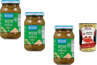 Produktbild von De Cecco Pesto alla Genovese 3x200 g Glas – italienische Basilikum Pasta Sauce mit Hartkäse, servierfertig für Nudeln & Bruschetta + Italian Gourmet polpa