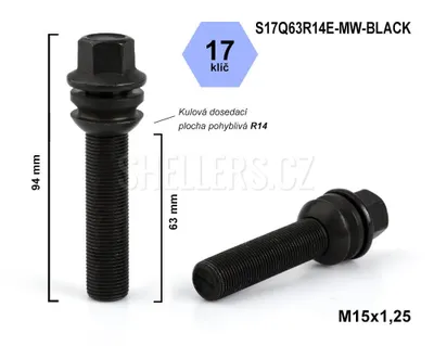 Obrázok produktu pre Skrutka M15x1,25x63 s guľôčkou R14, s pohyblivým čelom, kľúč 17, S17Q63R14E-MW-BLACK, výška 94 mm, čierna