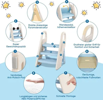 Produktbild von Onasti Tritthocker für Kinder, 2 Stufen - 3 Stufen Höhenverstellbar Kinderschemel, Trittschemel für Baby, Lernturm mit Handhaben, Faltbar, Multifunktional, für Bad, Kleinkinderzimmer, Küche Blau