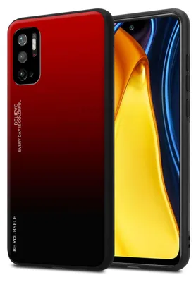 A smartphone case with a gradient red and black design, placed next to a smartphone displaying a yellow and orange abstract image.
