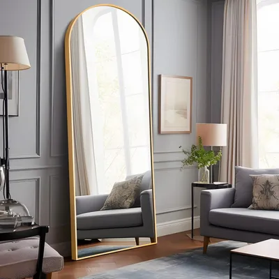 Productafbeelding van Grote, gebogen staande spiegel - Stijlvolle vloerspiegel met een gouden aluminium frame