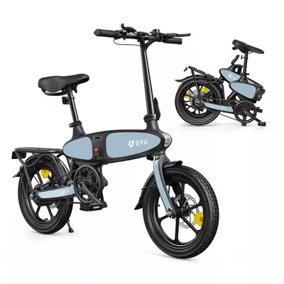 A light blue and black foldable electric bicycle is shown against a white background. A smaller, folded version of the same bicycle is visible in the upper right corner.