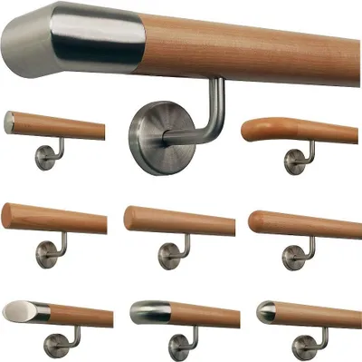 Produktbild von TIBU Buche Holz Handlauf Geländer 0,3m - 5m, Länge 480 cm, Ende Edelstahlecke und 6 gewinkelte Halter