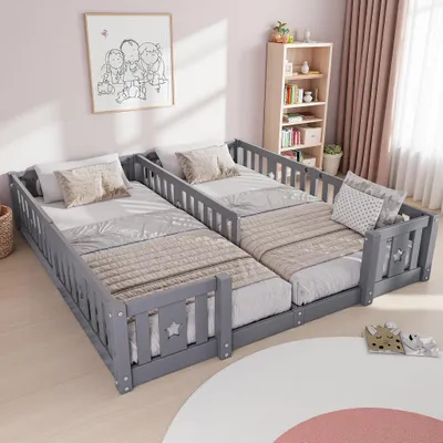 Zdjęcie produktu dla Łóżko podwójne ProximaX z barierką 90x200 cm, łóżko z drewna sosnowego z otworem w kształcie gwiazdy, łóżko z podstawą i stelażem, barierka zabezpieczająca dla dzieci, nośność 100 kg, styl europejski, kolor szary