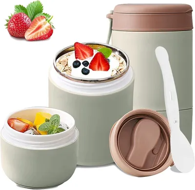 Produktbild von Lunchboxen,ThermobehäLter,MüSlibecher,Doppelschicht,680ml,Auslaufsicherer thermo Lunchbox Edelstahl behälter,Wärmedämmung,für Arbeit,Schule,Grün