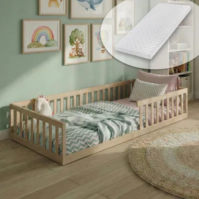 Produktbild von Kinderbett Bodenbett 90x200 cm mit Matratze, Lattenrost & Rausfallschutz Montessori Bett Bed Gitterbett Kinder Jugendbett Einzelbett mit Matratze | natur weitere Größen | 120x200 | 140x200 cm