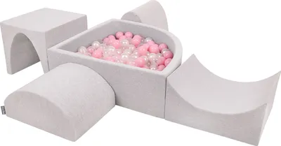 Produktbild von KiddyMoon spielplatz aus schaumstoff mit viertel eckig bällebad (300 bälle) hindernisläufe, hellgrau:puderrosa/perle/transparent