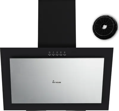 A black and silver kitchen range hood is shown against a white background, with a circular charcoal filter to the side.