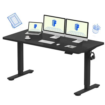 A black adjustable standing desk with multiple monitors, a laptop, and accessories.