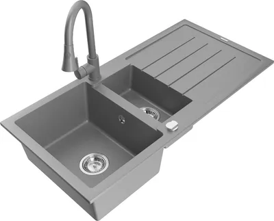 Produktbild von Mexen Andres 1,5-Becken-Granitspüle mit Abtropffläche und Mischbatterie Elia, Grau - 6515-71-670101-71