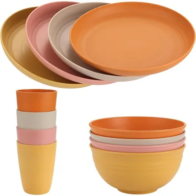 Immagine prodotto di Set di stoviglie da campeggio, 12 pezzi per 4 persone, leggero, infrangibile, impilabile, in plastica, colorato