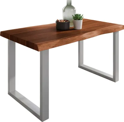 Produktbild von Esstisch Baumkante massiv Akazie Nussbaum 140 x 80 U-Gestell silber ATLAS
