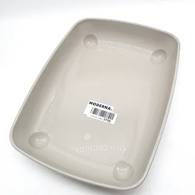 A light gray cat litter box viewed from a high angle against a white background.