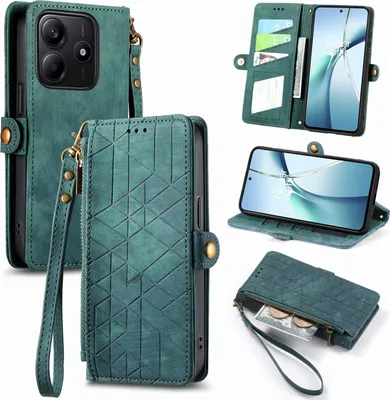 Obrázok produktu pre Puzdro typu „book wallet“ s zipsom a pútkom pre Xiaomi Redmi Note 14 5G, z umelej kože s geometrickým vzorom, zelené
