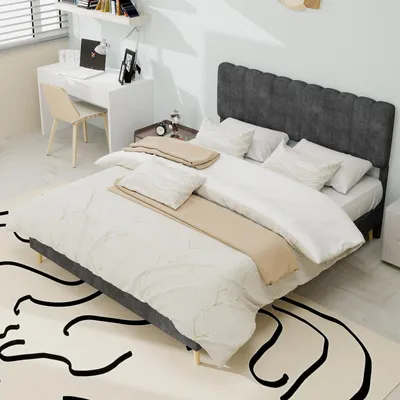Immagine prodotto di okwish letto imbottito 140x200 struttura letto per giovani con base bassa, struttura letto piatto con testata morbida, grigio (senza materasso)