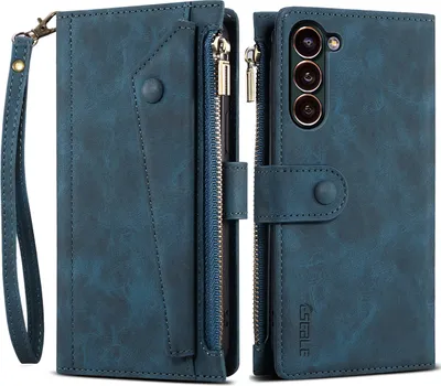 Produktbild von Schutzhülle für Samsung Galaxy S23 Reißverschluss Hülle, Leder Klapphülle Kartenfach Standfunktion Brieftasche mit Trageband Blau