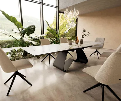 Produktbild von DELIFE Esstisch Edge 200-300x100 Keramik Calacatta Luxe Weiß-Gold-Grau W-Gestell Schwarz ausziehbar