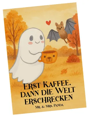 Produktbild von Mr. & Mrs. Panda Postkarte Gespenst Kaffee Design - Weiß - Geschenk, Dekoration, Ansichtskarte, Fotokarte, Ansichtskarten, Grußkarte, Postkarten