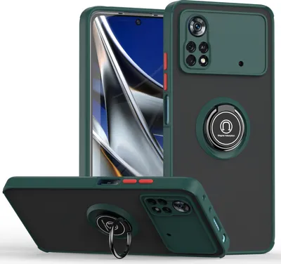Produktbild von Xiaomi Poco X4 Pro 5G Hülle, Ring Halter Ständer Matte Transluzent TPU Rahmen Stoßfest Schutzhülle für Xiaomi Poco X4 Pro 5G dunkelgrün
