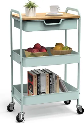 Produktbild von 3-stöckiger Küchenwagen mit Tisch und Schublade, multifunktionaler Wagen, Metallwagen, Regalwagen für Büro oder Salon, multifunktionaler Kosmetikwagen, Servierwagen für Küche, Bad, Büro