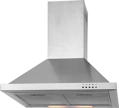 A stainless steel range hood against a white background.