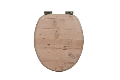 A toilet seat with a wood-like pattern is shown from a top-down view against a white background.