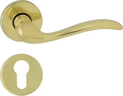 A brass door handle set with a keyhole escutcheon plate, presented against a white background.