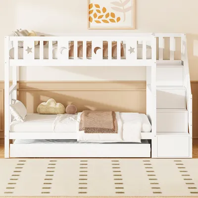Immagine prodotto di letto a castello okwish letto a castello 90x200cm con letto estraibile 90x190cm, letto a soppalco con protezione anticaduta, letto in legno massiccio struttura letto per bambini con rete a doghe e scaletta portaoggetti, bianco