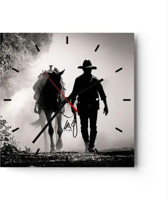 Produktbild von Wanduhr - Quadrat - Glasuhr - Cowboy Pferd Shady - 40x40cm - Schleichendes Uhrwerk - Lautlos - zum Aufhängen bereit - Dekoration Modern - Wanddekoration aus Glas - C3AC40x40-4620