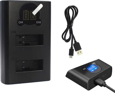 Produktbild von Trade-Shop USB-C Dual Schnell-Ladegerät für 2 Akkus mit LCD inkl. Micro-USB Kabel passend für AABAT-001 AHDBT-501 601-10197-000 Akku