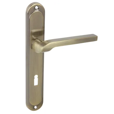 A bronze-colored door handle with a long, rectangular plate and an L-shaped handle, set against a white background.