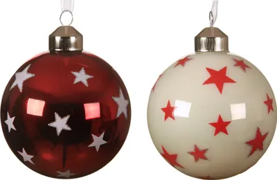 Produktbild von Weihnachtskugeln Glas 8cm mit Sternen Muster 12er Set rot / weiß