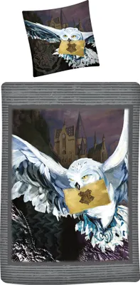 A Harry Potter themed duvet cover and pillowcase set featuring Hedwig the owl.