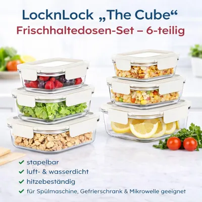 Produktbild von LocknLock „The Cube“ Glas-Frischhaltedosen Set – 6-teilig stapelbar luft- & wasserdicht