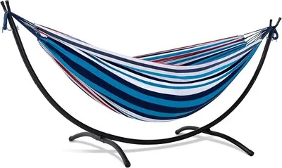 Imagen del producto de Hamacas para exteriores con soporte, hamacas para porches con soporte, capacidad de 215,5 kg, con rayas azules y rojas