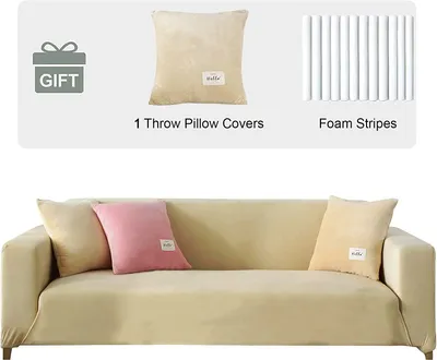 Produktbild von Samt Sofabezug 4 Sitzer- Weich Stretch Couchbezug rutschfester Sofaschutz Sofahusse Plüsch Sofa Schonbezüge mit 1 Kissenbezug für Wohnzimmer,Beige,4-Sitzer