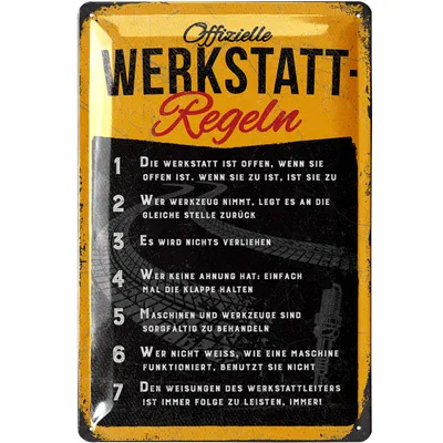 Produktbild von LANOLU Retro Blechschild Werkstatt Schild, lustige Werkstattregeln für Männer, Geschenk Vatertag, Garagen Deko Metallschild 20x30cm