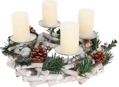 Produktbild von Adventskranz MCW-M12, Adventsgesteck Tischkranz Weihnachtsdeko Tischdeko Holz silber weiß Ø 30cm mit Kerzen