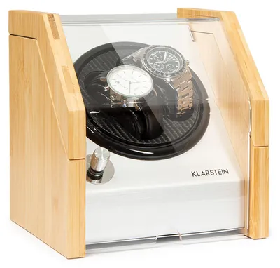 Produktbild von Klarstein Garonne 2 automatischer Uhrenbeweger, 1 Drehteller für 2 Uhren, 3 Drehgeschwindigkeiten, 4 Rotationsmodi, Bambusgehäuse, Aluminium-Bedienfläche, Sichtfenster aus Acrylglas, Bambus